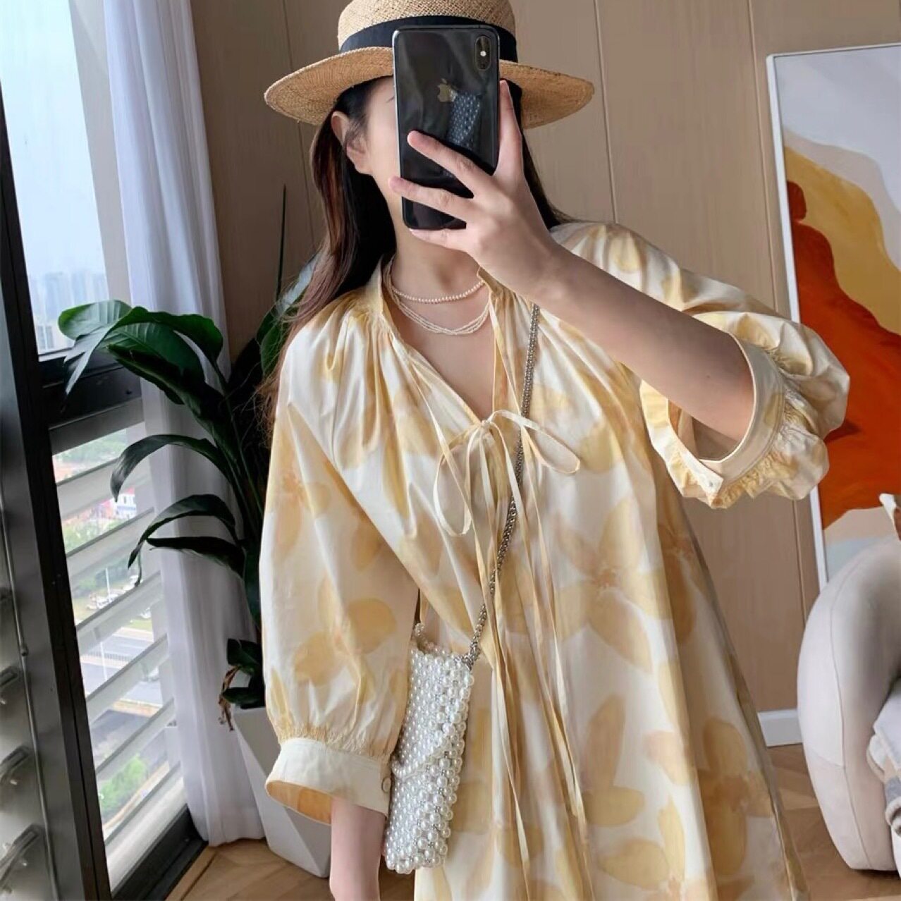 Hainan Sanya beach dress, yellow iris floral print dress, loose mid-length dress for seaside vacation Application Scenario